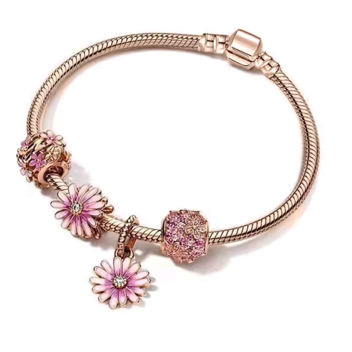 GENERICO - Pulsera con Charms Rosé con Flores Rosadas y Cristales