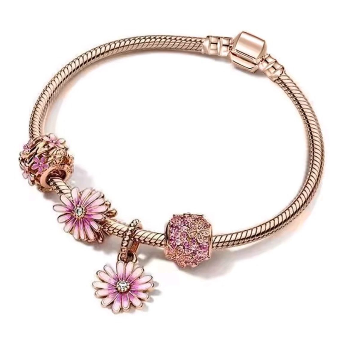 GENERICO - Pulsera con Charms Rosé con Flores Rosadas y Cristales
