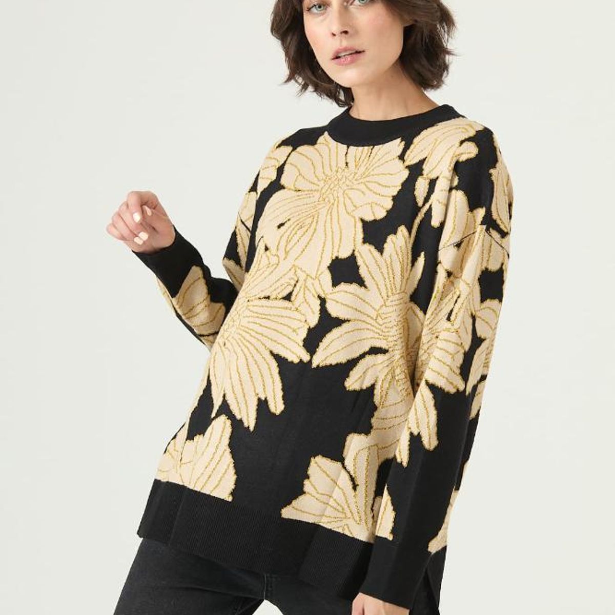 PRIVILEGE - Sweater negro flores 2661