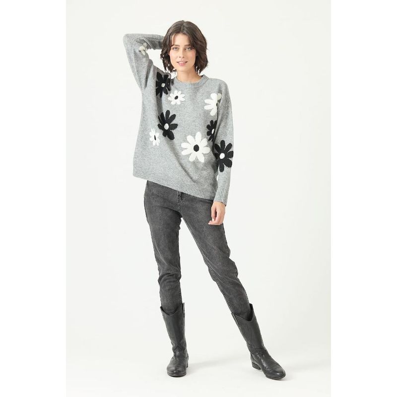 PRIVILEGE - Sweater con lana gris flores PRIVILEGE 2756 - Gris