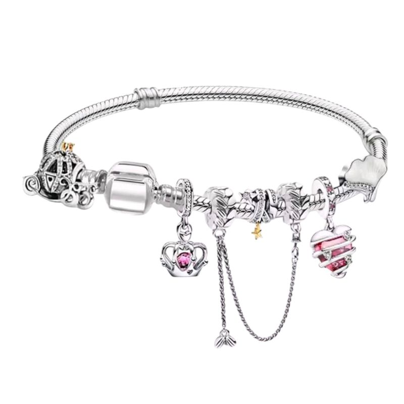 GENERICO - Pulsera con Charms Princesa con Corazón Rosa y Detalles Reales