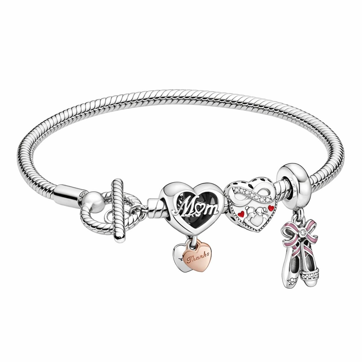GENERICO - Pulsera con Charms “Mamá y Familia” con Detalles en Rosa y Corazones