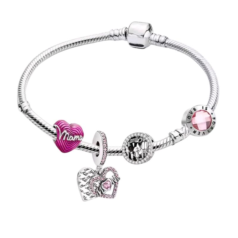 GENERICO - Pulsera con Charms “Mamá y Familia” con Detalles en Rosa y Corazones