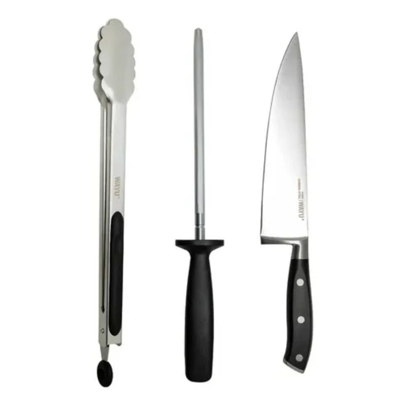WAYU - Set Parrillero 3 Piezas Wayu (Cuchillo + Pinza + Afilador)