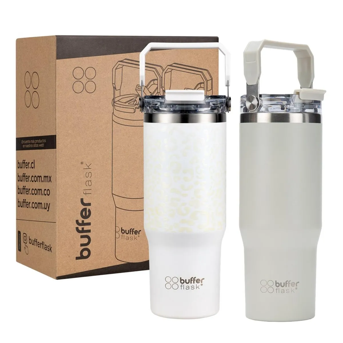 BUFFER FLASK - Vaso Termico Set x2 Mug Botella Agua Buffer Acero Inoxidable - Blanco