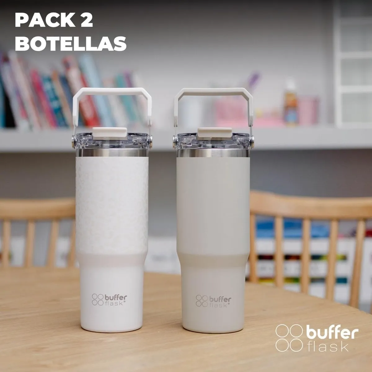 BUFFER FLASK - Vaso Termico Set x2 Mug Botella Agua Buffer Acero Inoxidable - Blanco