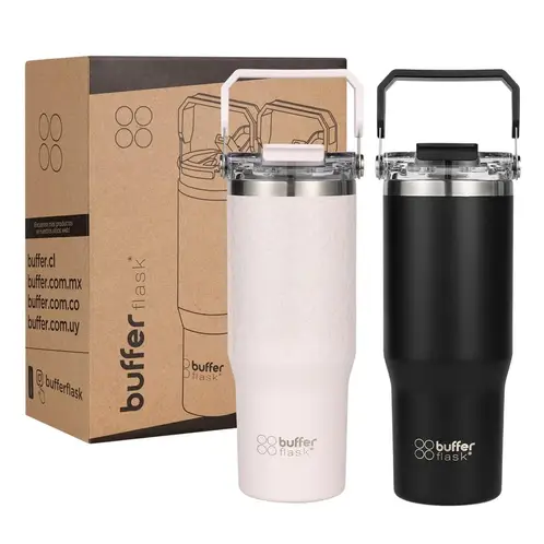 BUFFER FLASK - Vaso Termico Set x2 Mug Botella Agua Buffer Acero Inoxidable - Negro