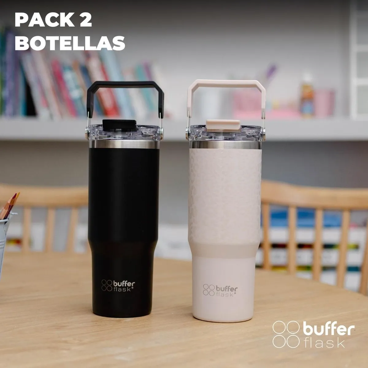 BUFFER FLASK - Vaso Termico Set x2 Mug Botella Agua Buffer Acero Inoxidable - Negro