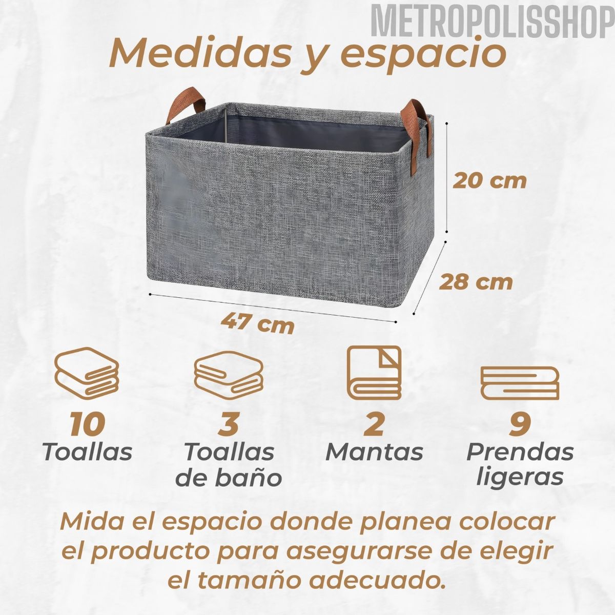 GENERICO - Caja Organizadora Plegable Apilable 47x28x20cm Gris Con Asa Pack de 2