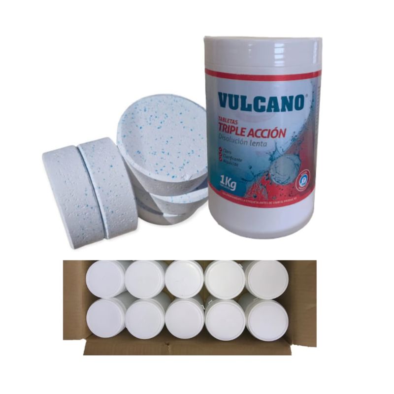 VULCANO - Cloro Para Piscina Tableta Triple Acción 1kg 10 Un Vulcano