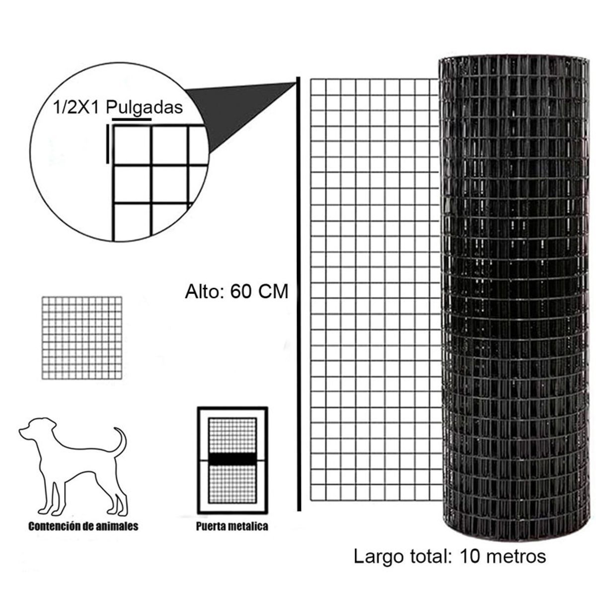 GENERICO - Malla jardin soldada pvc negra 1/2"x1.0mmx0.60mt 10mt CERRAM