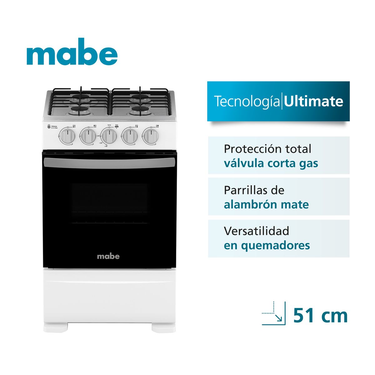 MABE - Cocina a Gas 4 platos 51cm válvula corta gas CMC20ABX-7 Mabe