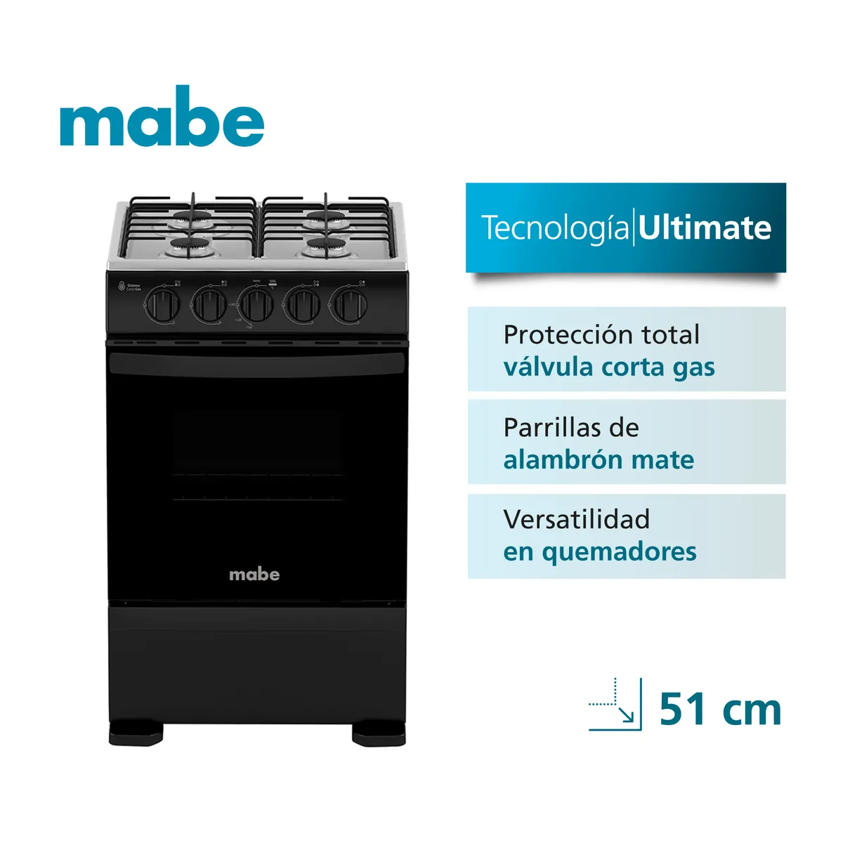 MABE - Cocina a Gas 4 platos 51cm válvula corta gas CMC5100NA1 Mabe