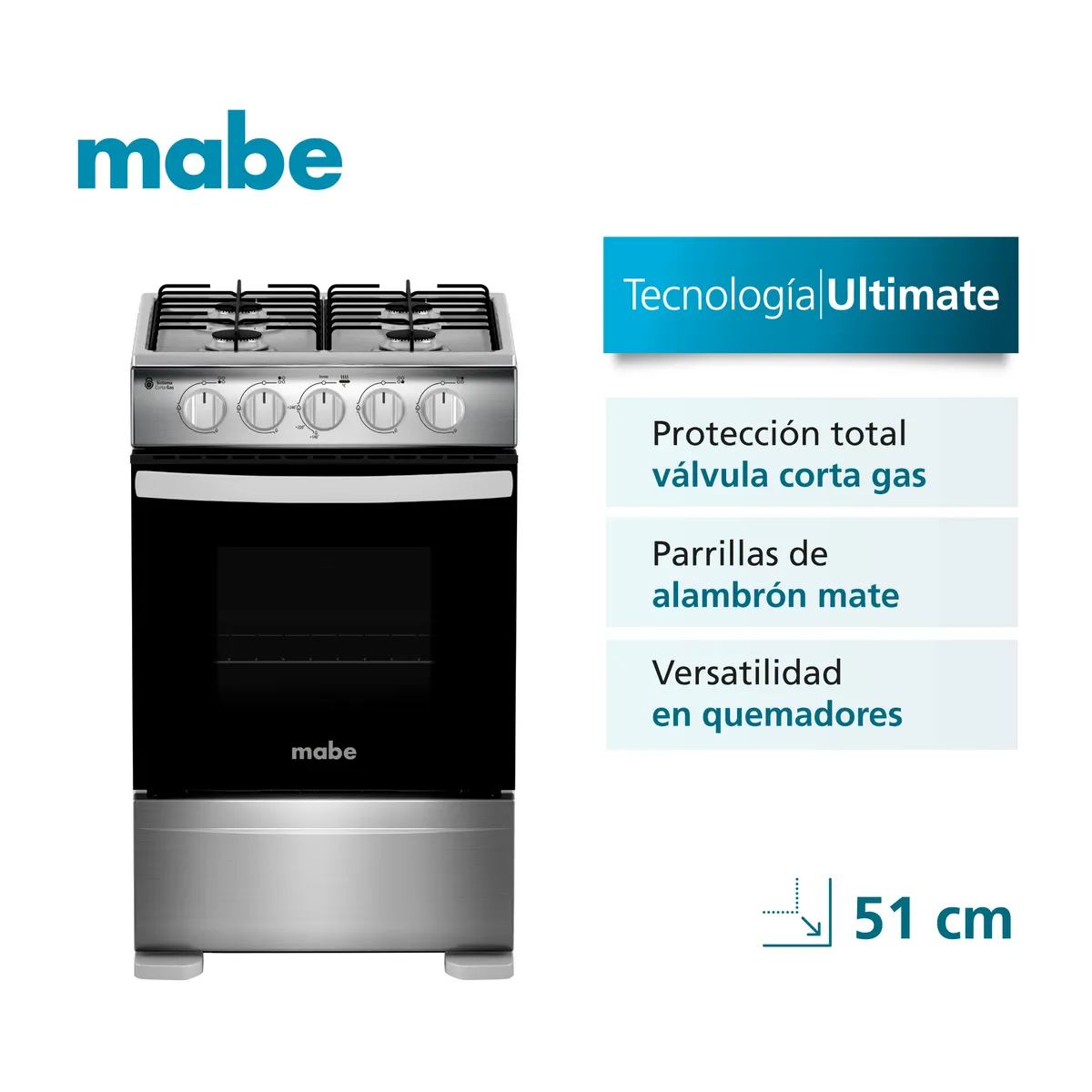 MABE - Cocina a Gas 4 platos 51cm válvula corta gas CMC20AXX-2 Mabe