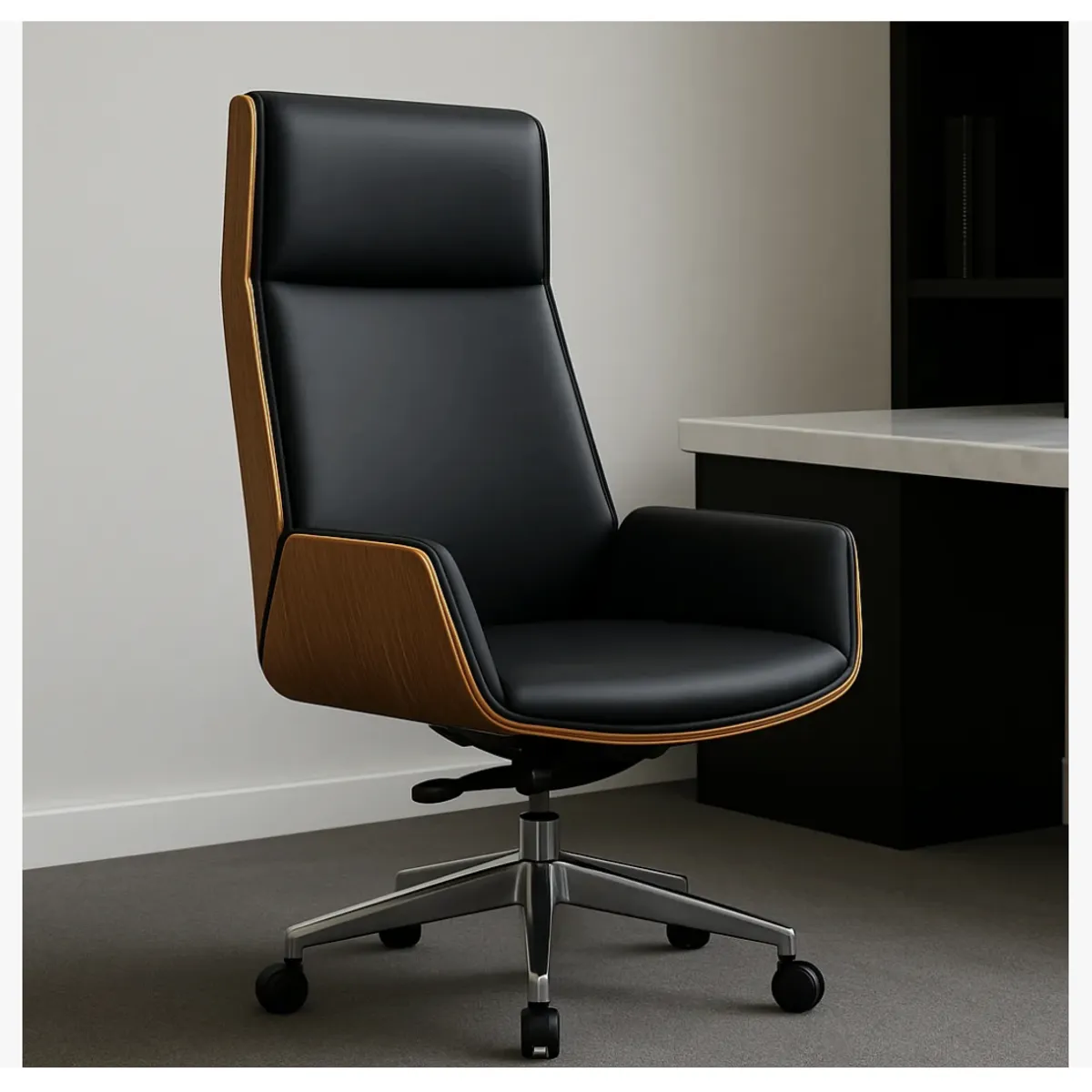 HOMER DESIGN - Silla Oficina Gerencial Respaldo Madera Asiento De Cuero pata acero