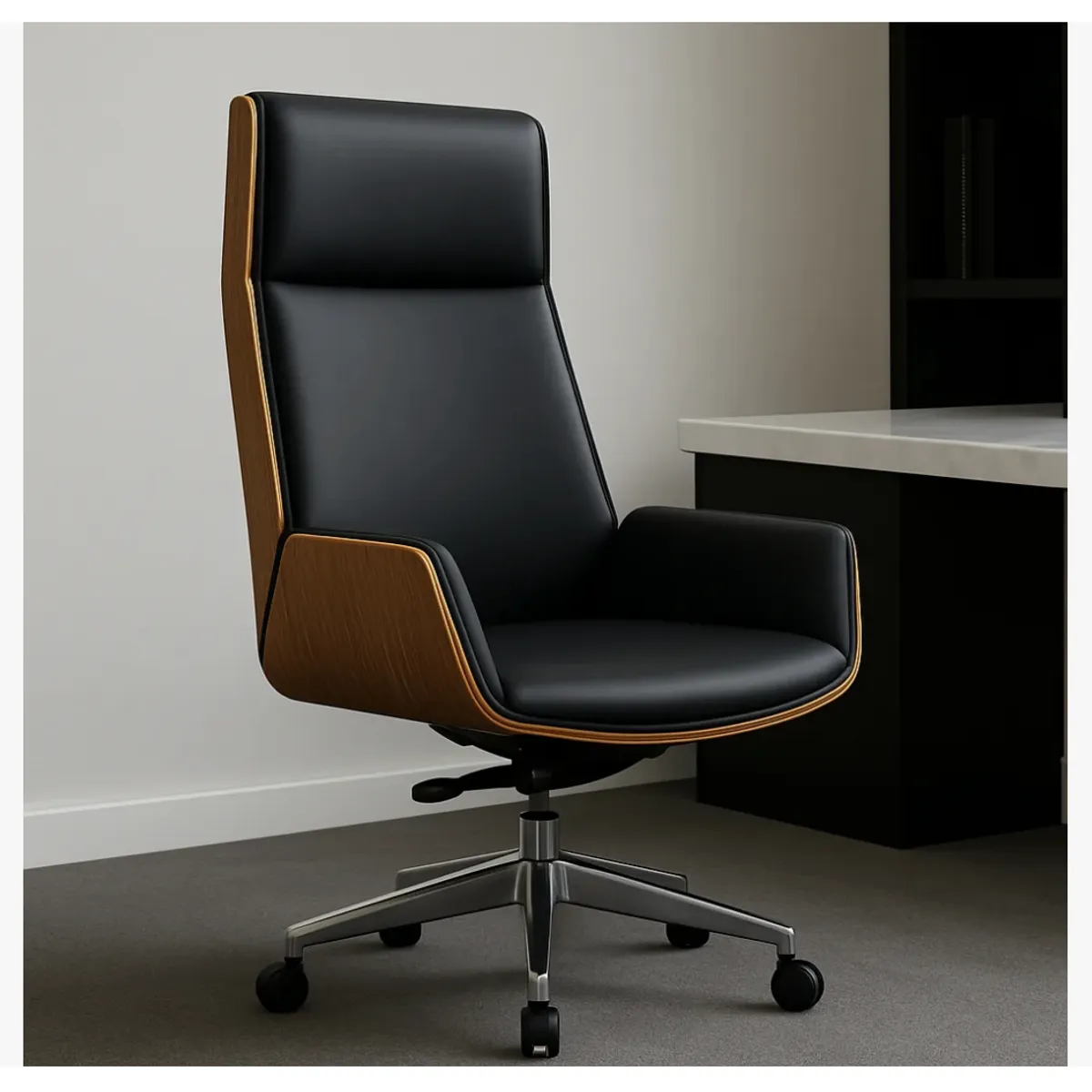 HOMER DESIGN - Silla Oficina Gerencial Respaldo Madera Asiento De Cuero pata acero