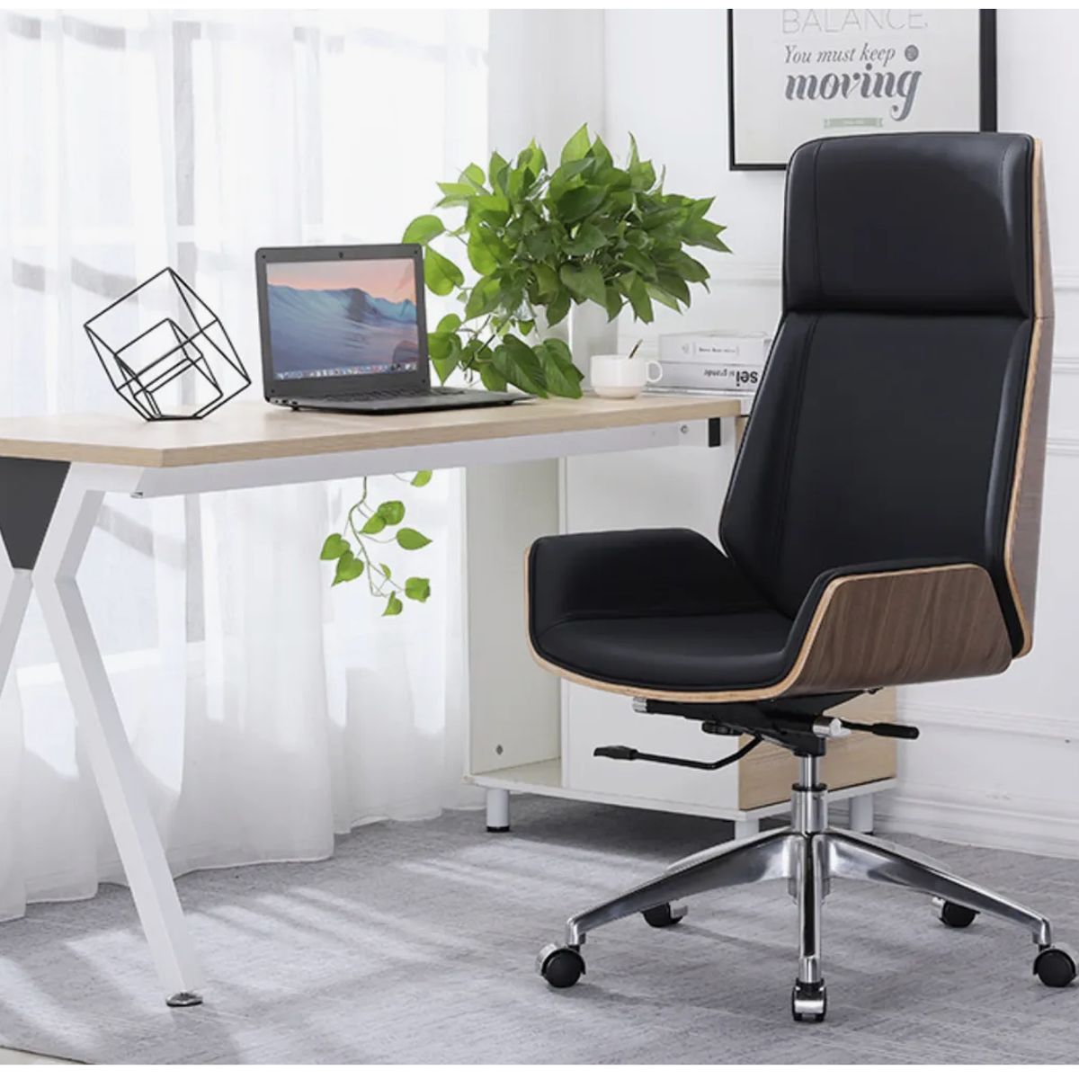 HOMER DESIGN - Silla Oficina Gerencial Respaldo Madera Asiento De Cuero pata acero