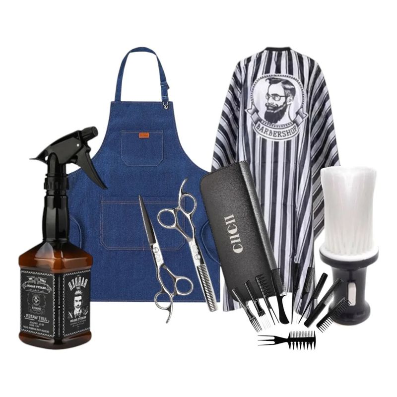 GENERICO - Pack De Barberia Peluqueria Instrumentos Tijeras Capa Peine Negro Raya