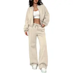 BLWOENS - Chaqueta de manga larga y pantalones largos para mujeres - 2 piezas - Beige