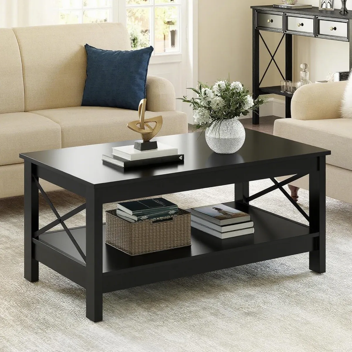 ELEMENT DESIGN - Mesa De Centro Rectangular Estilo Rústico de 2 Niveles Negro