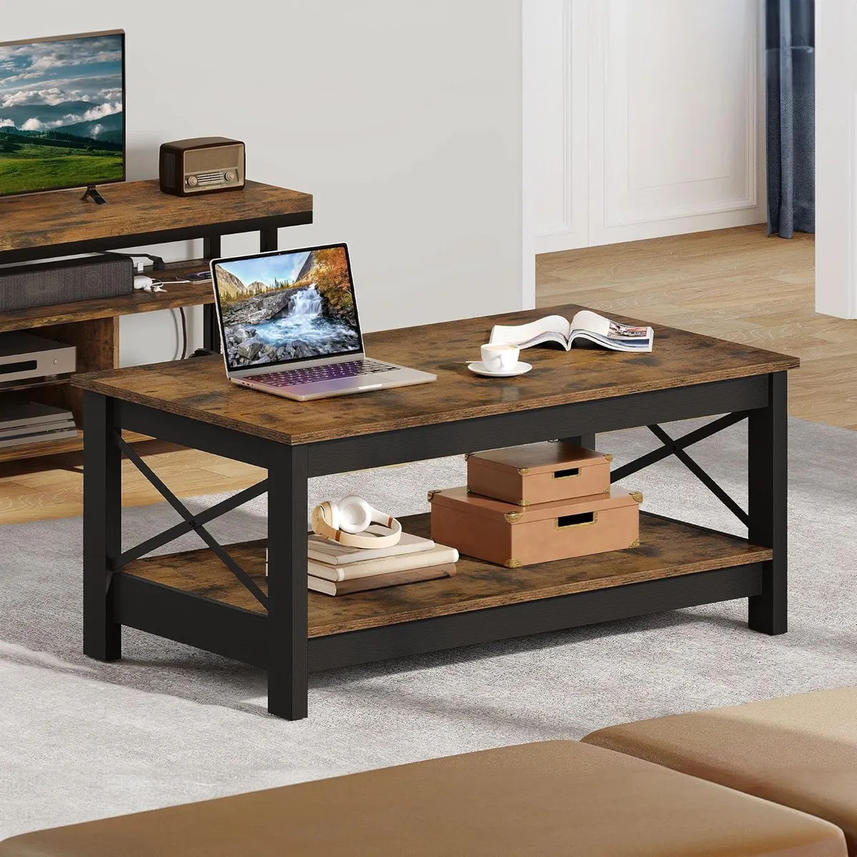 ELEMENT DESIGN - Mesa De Centro Rectangular Estilo Rústico de 2 Niveles