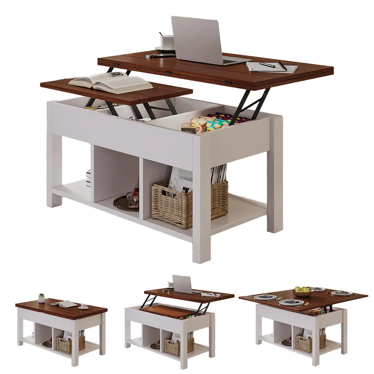 ELEMENT DESIGN - Mesa De Centro 4 in 1 con Doble Cubierta Elevable Marrón