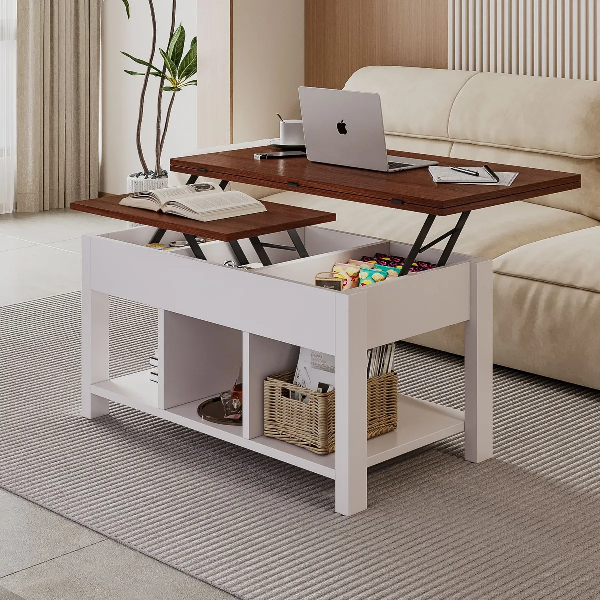 ELEMENT DESIGN - Mesa De Centro 4 in 1 con Doble Cubierta Elevable Marrón