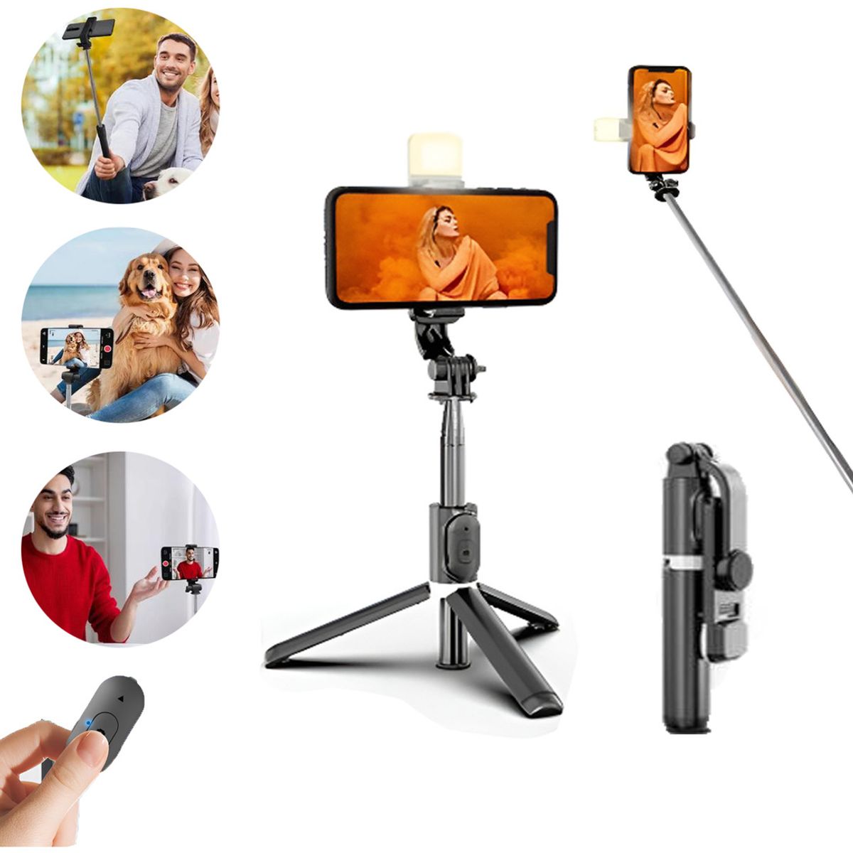 GENERICO - Palo Selfie Portátil Con Luz Trípode Control Remot-Negro