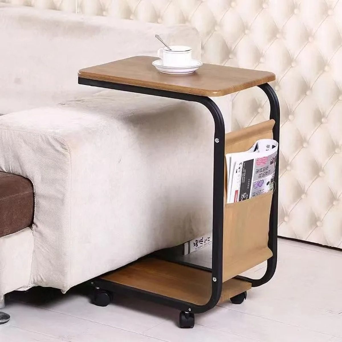 EVERSO - Mesa Auxiliar De Sofá Con Bolsillo Y Ruedas Mesita De Noche Estrech