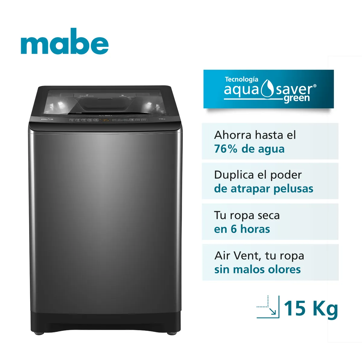 MABE - Lavadora Automática 15Kg recubrimiento antibacterial mabe LMA5120WDGCL0