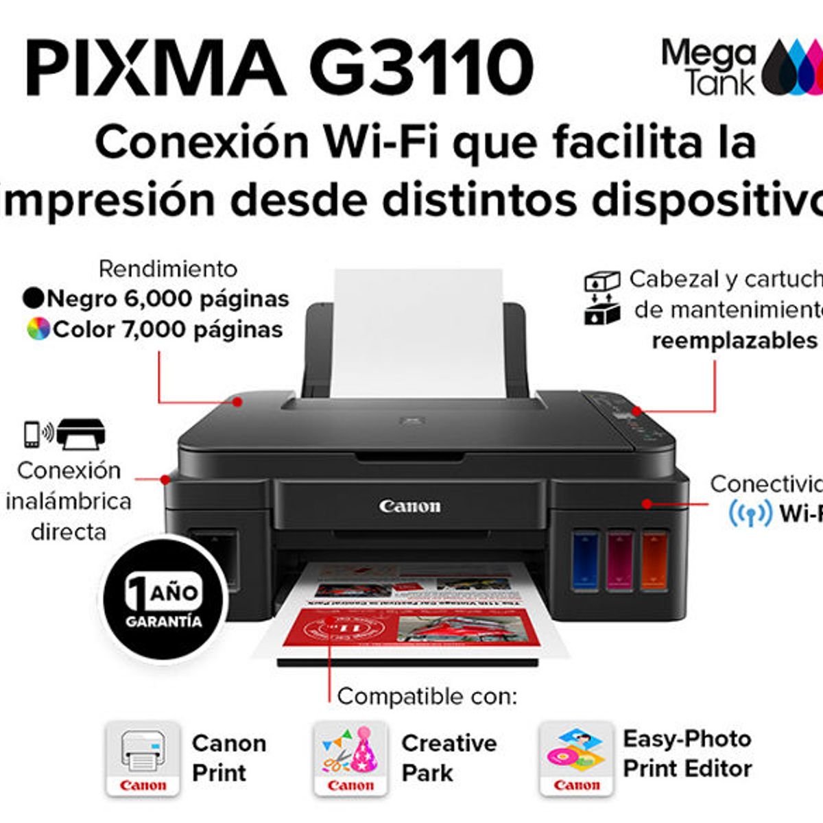 CANON - Impresora Multifuncional Canon Pixma G3110 Tinta a Color