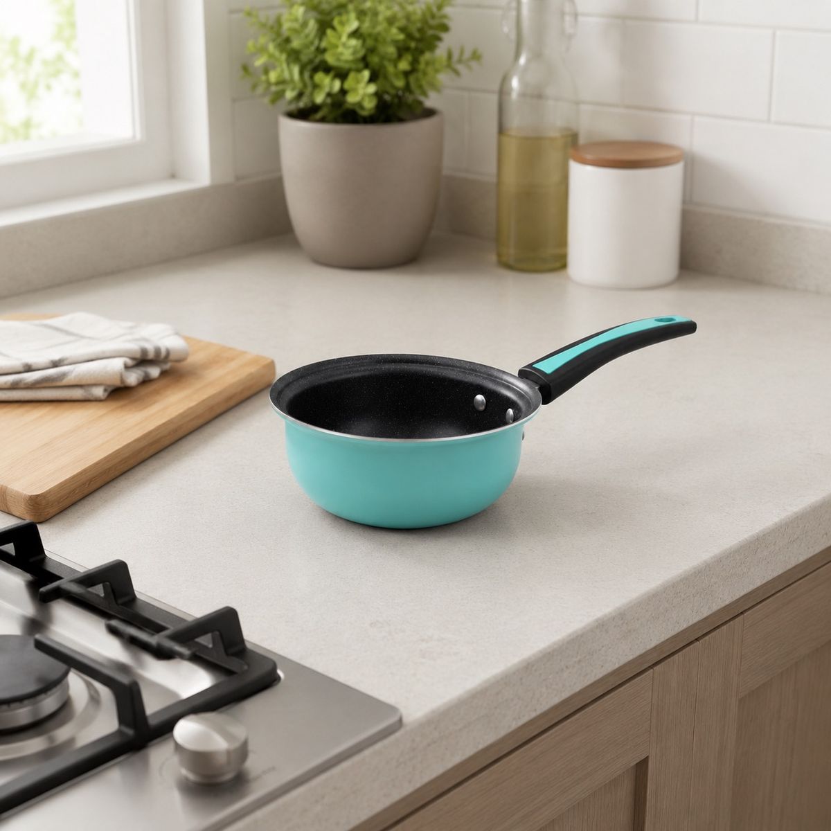 HOMESTAR - Olla cacerola antiadherente azul turquesa de 16 cm con mango