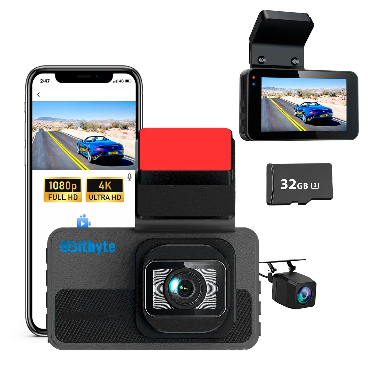 BITBYTE - Cámara Para Auto Doble Dash Cam Bitbyte 4k Retroceso + App + 32gb MicroSD