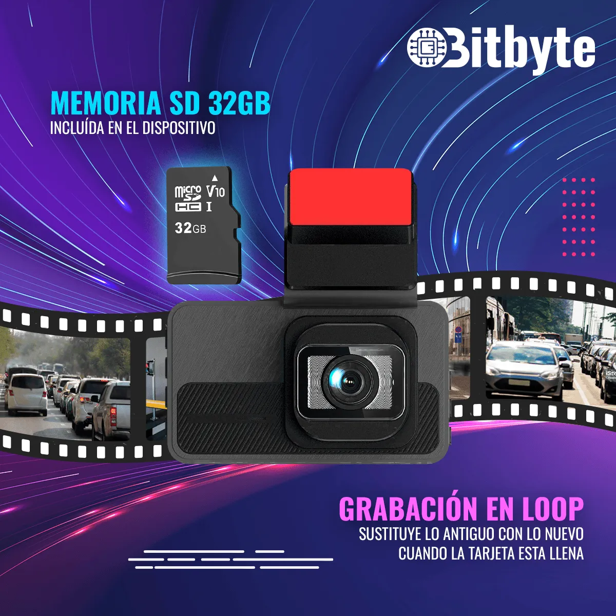 BITBYTE - Cámara Para Auto Doble Dash Cam Bitbyte 4k Retroceso + App + 32gb MicroSD