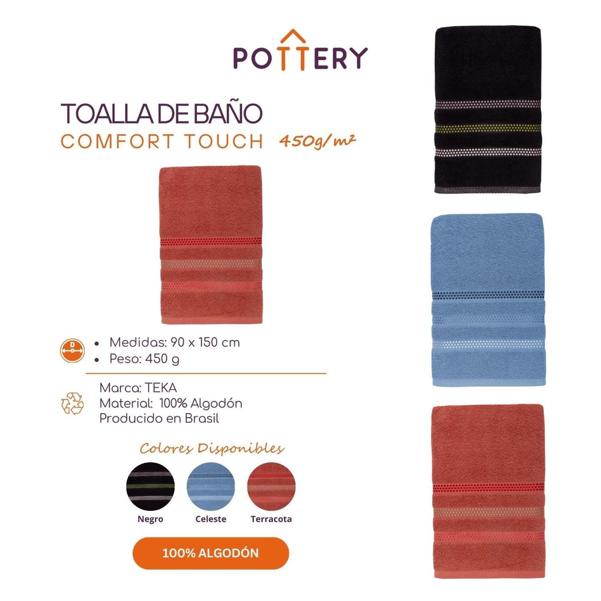 TEKA - Toalla Sábana 90x150cm COMFORT TOUCH Terracota - 450 gm² - 100% Alg