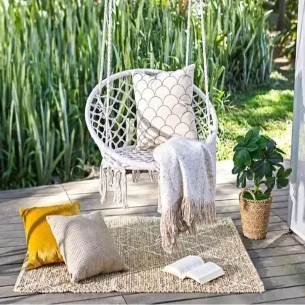 MOVI - Hamaca colgante tejida con aros para jardín o interior