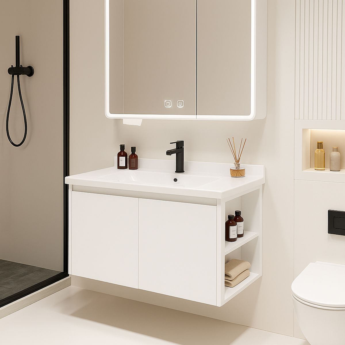 HOMER DESIGN - Vanitorio De Panal Aluminio Con Botiquín Espejo Inteligente C2