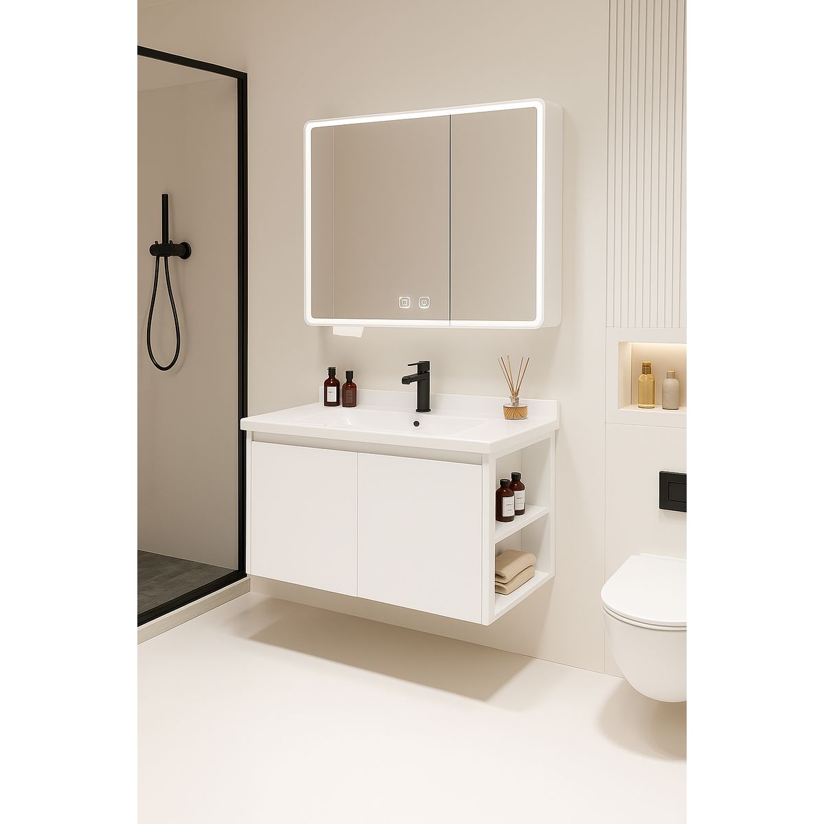 HOMER DESIGN - Vanitorio De Panal Aluminio Con Botiquín Espejo Inteligente C2