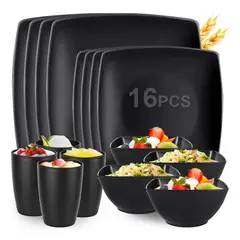 GENERICO - Cuadrada Vajilla Juego Cocina Paja Trigo Plato Tazas Kit Negro 16pzs