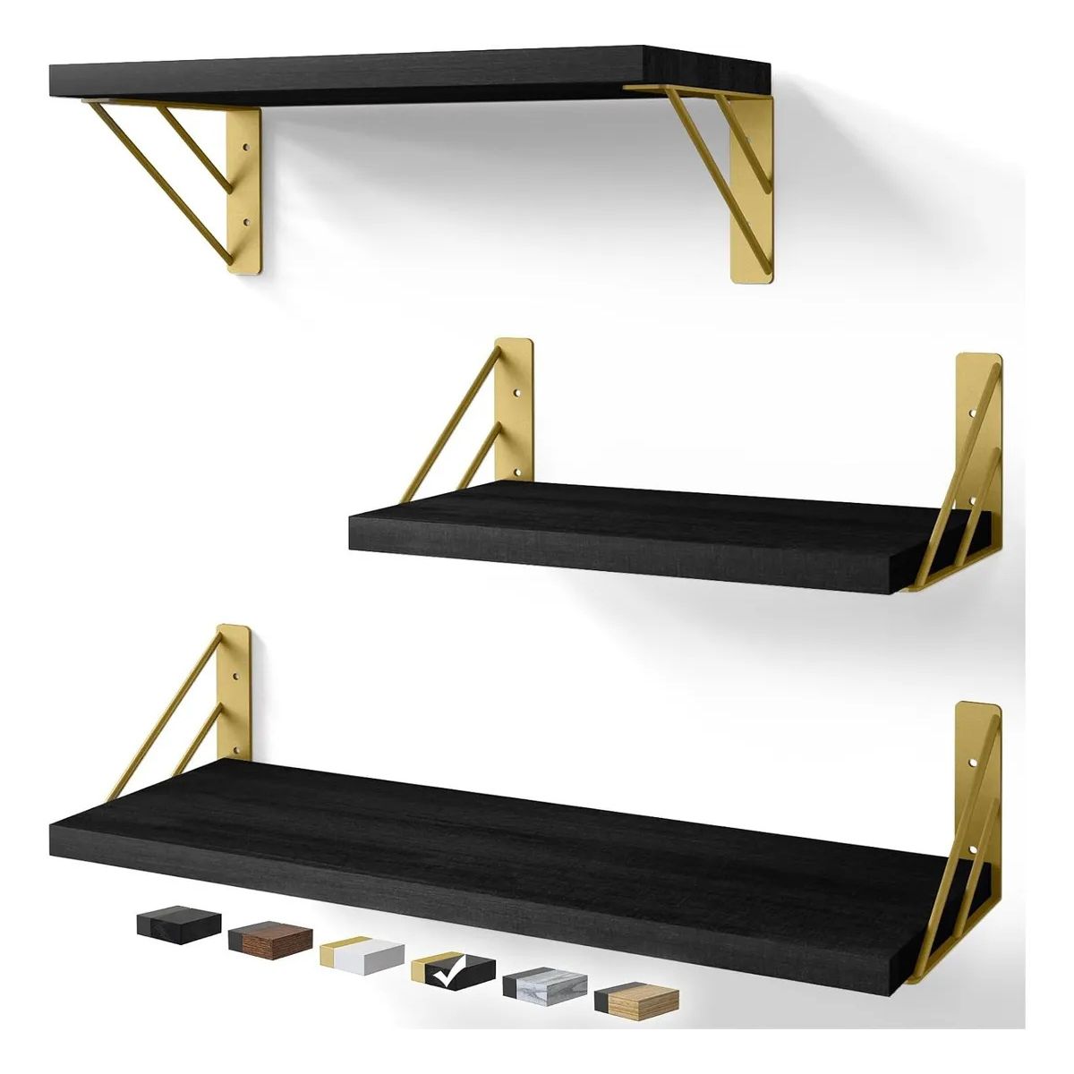 KUANGYE - Repisas Flotantes De Madera Multipropósito Kit X3 Negro