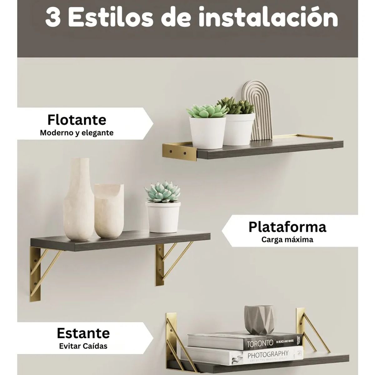 KUANGYE - Repisas Flotantes De Madera Multipropósito Kit X3 Negro