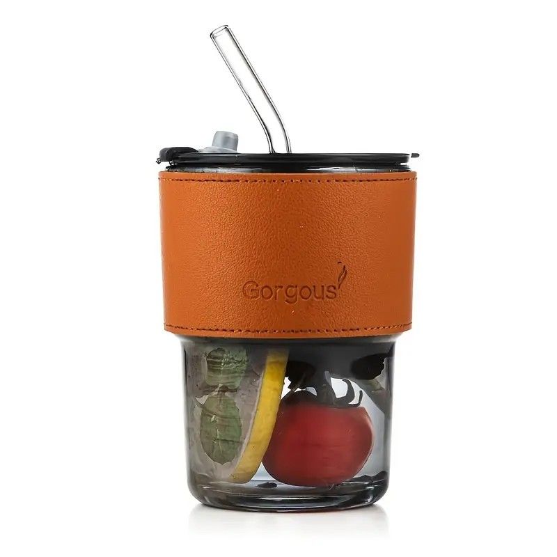 GENERICO - Taza Vidrio con Pajita - Diseño Bambú Gris  400ml