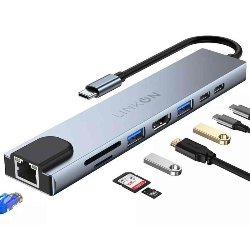 GENERICO - Hub Adaptador Usb Tipo C 8 En 1 Linkon Para Mac Macbook Win - Plateado