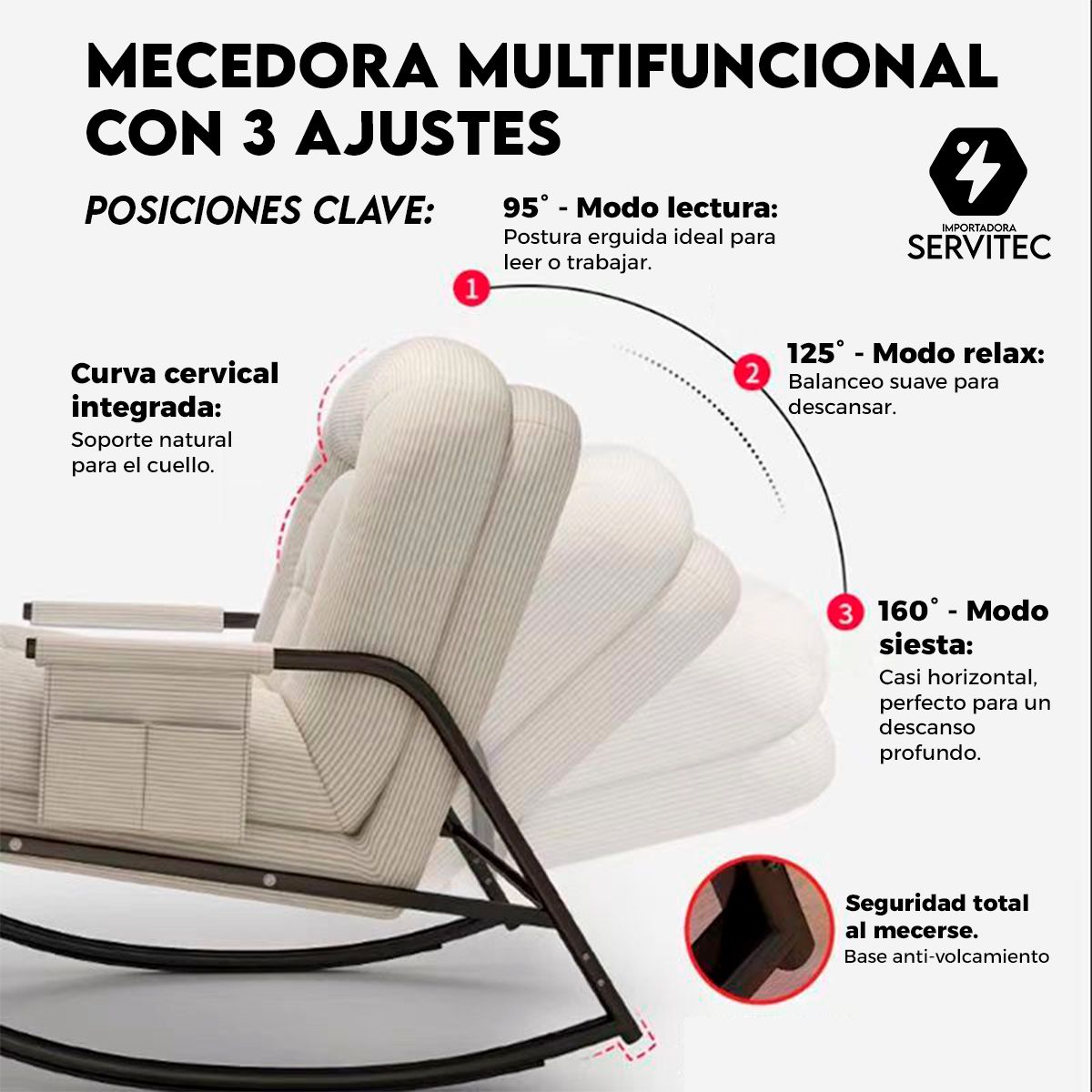 GENERICO - Sillón Mecedor Reclinable 3 Posiciones Tapizado Pana Suave