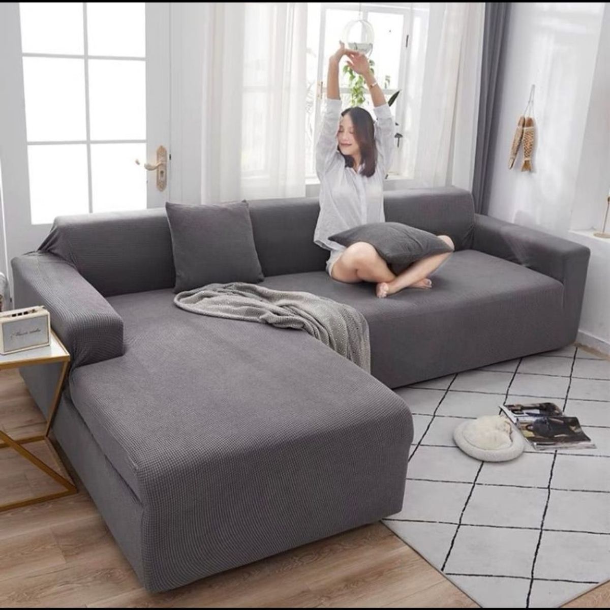GENERICO - Fundas sofa sillon tipo L seccional 3+3 texturizado gris