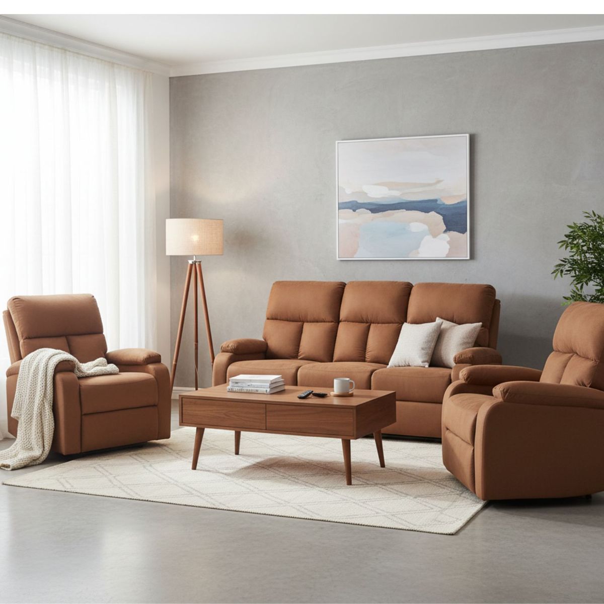 DANIELS - Living Sofá 3 Cuerpos Reclinable Matheus Café + 2 Bergers