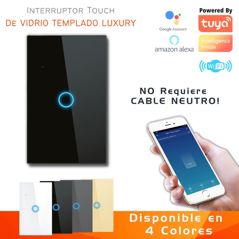 D MOTICA - Interruptor Touch Simple Inteligente Wifi1 Canal Sin Neutro - NEGRO