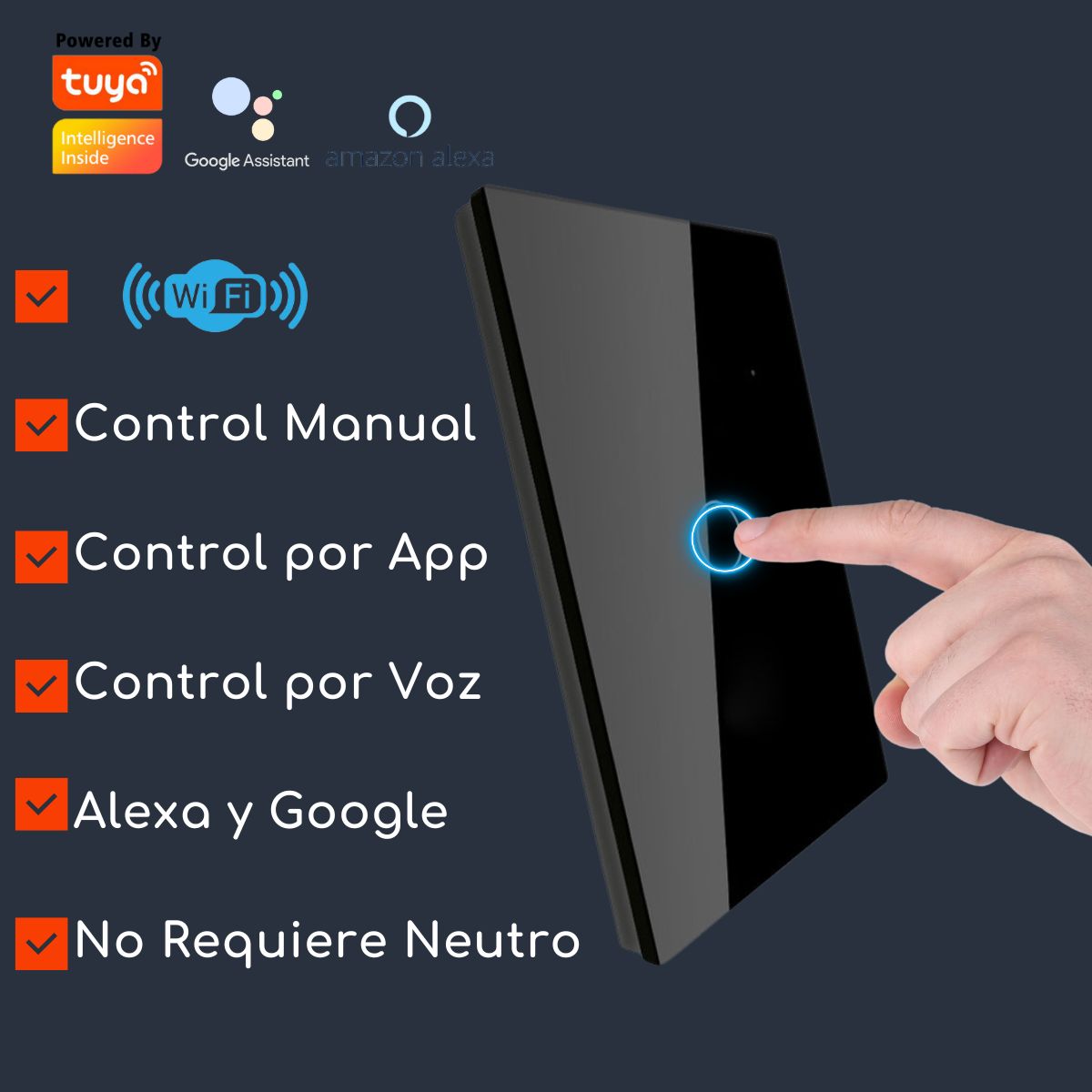 D MOTICA - Interruptor Touch Simple Inteligente Wifi1 Canal Sin Neutro - NEGRO