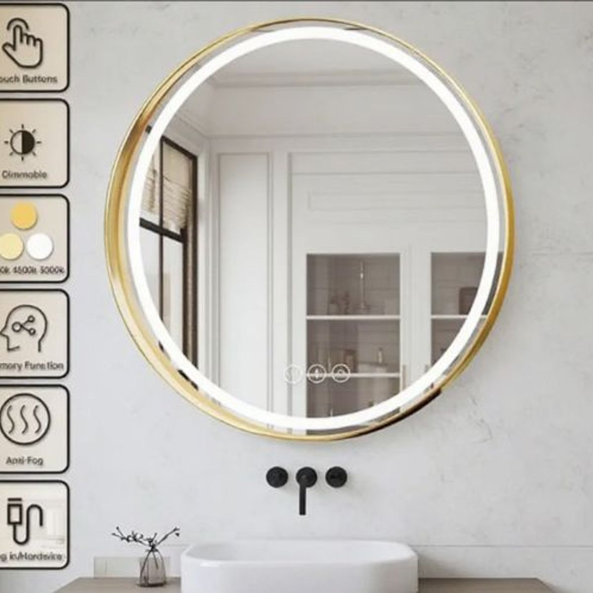 GENERICO - ESPEJO TOUCH REDONDO CON LUZ LED MARCO DORADO 60CM