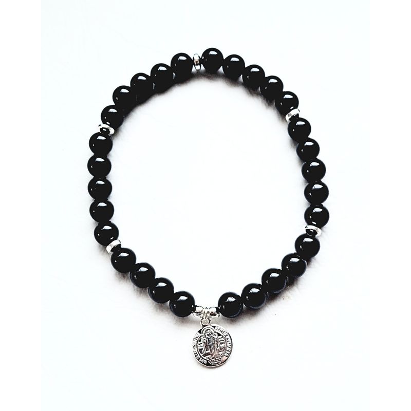 GENERICO - Pulsera Protección San Benito Plata y Turmalina negra